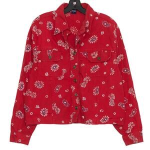 Boston Proper Red Bandana Paisley Denim Jacket Western Cowgirl Y2K 90s Boho L
